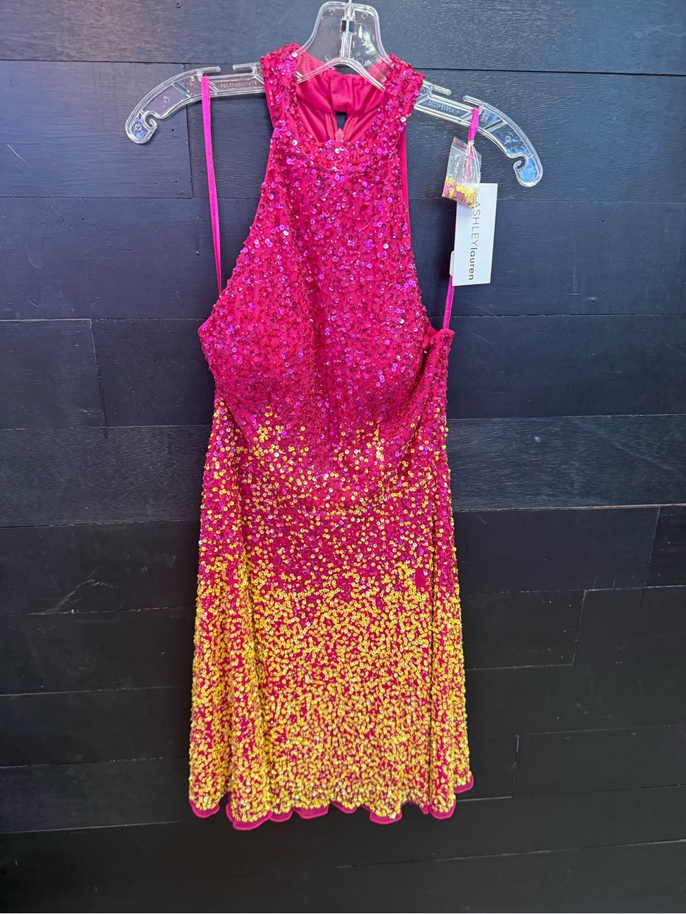 Sequined Ombre Mini Dress in Fuchsia Pink and Yellow